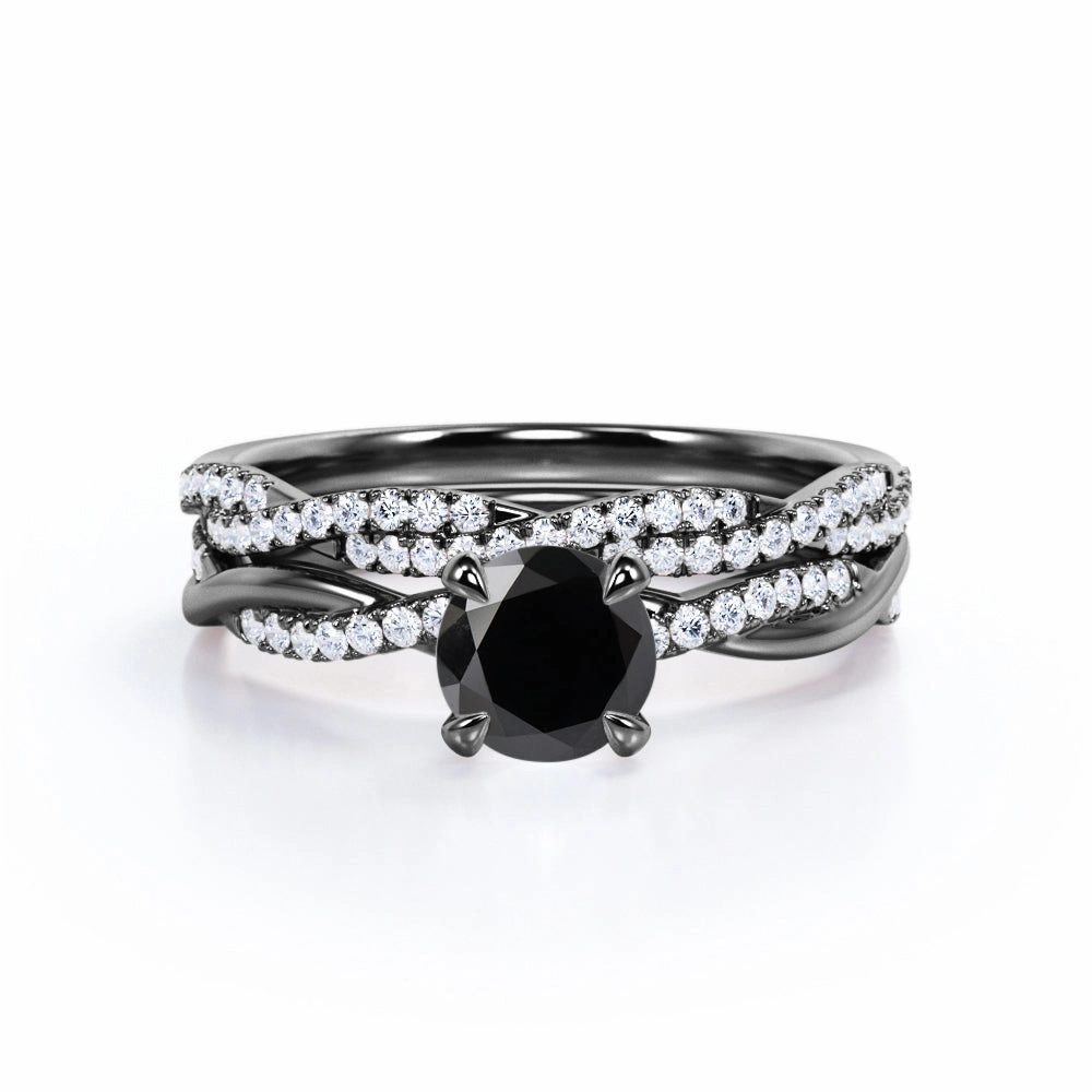 1.75 ct Round Lab Black Diamond Twisted Wedding Ring Set Unique Expression Handcrafted Symbol