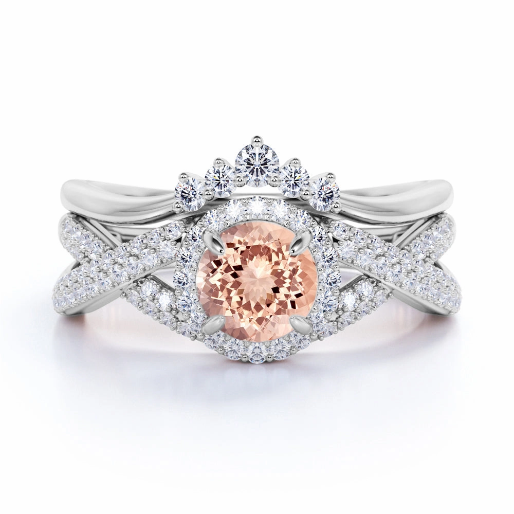 man made 1.75 ct Round Morganite Crown Halo Wedding Set