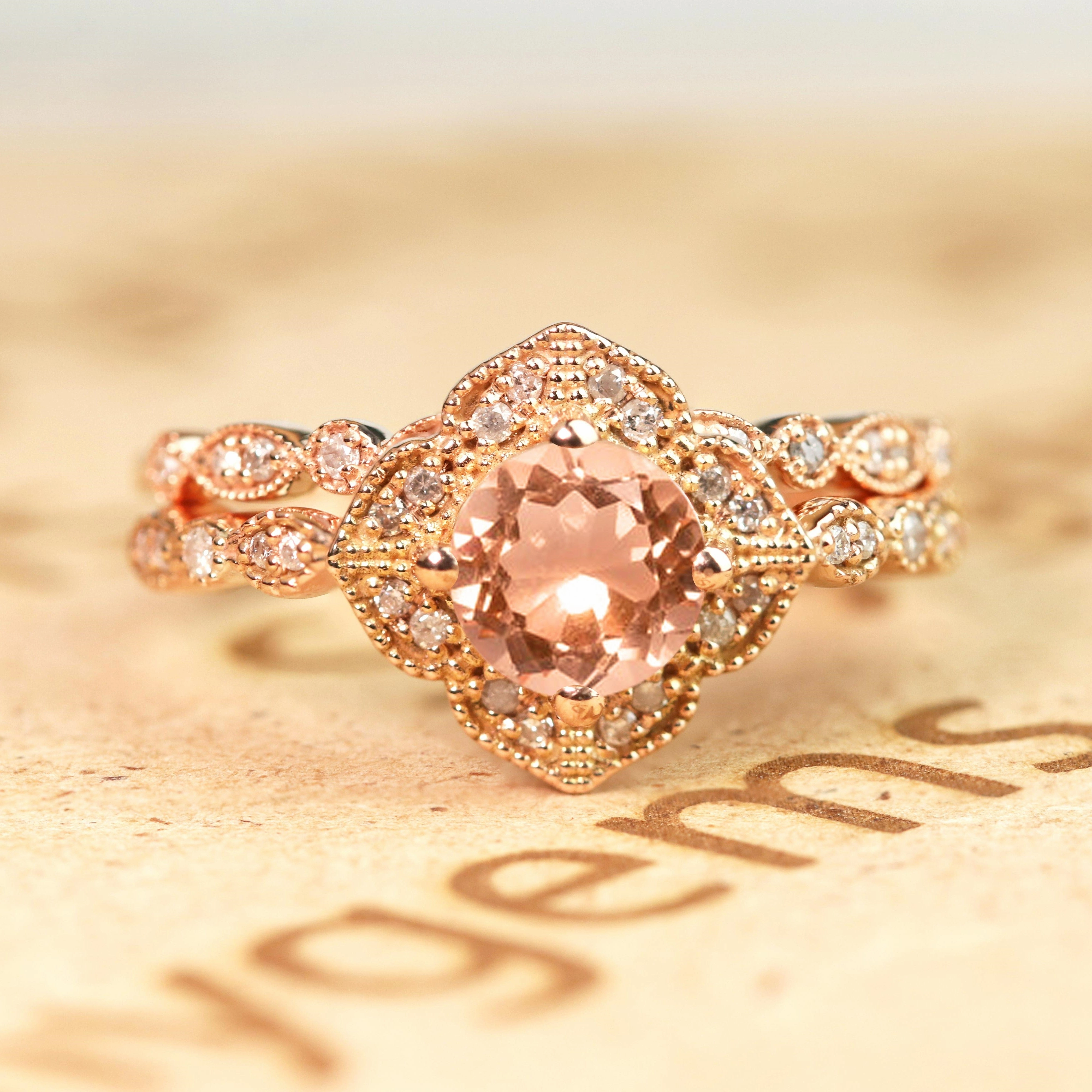 1.75 ct Round Morganite Vintage Wedding Ring Set Premium Art