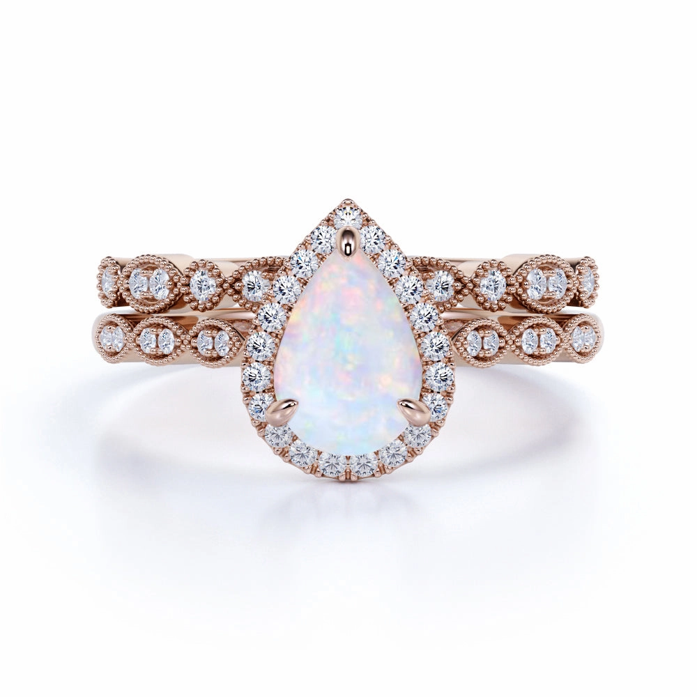 Elegant Fashion 1.75 ct Teardrop Blue Fire Opal and Diamond Engagement Ring Set in 10K Rose Gold
