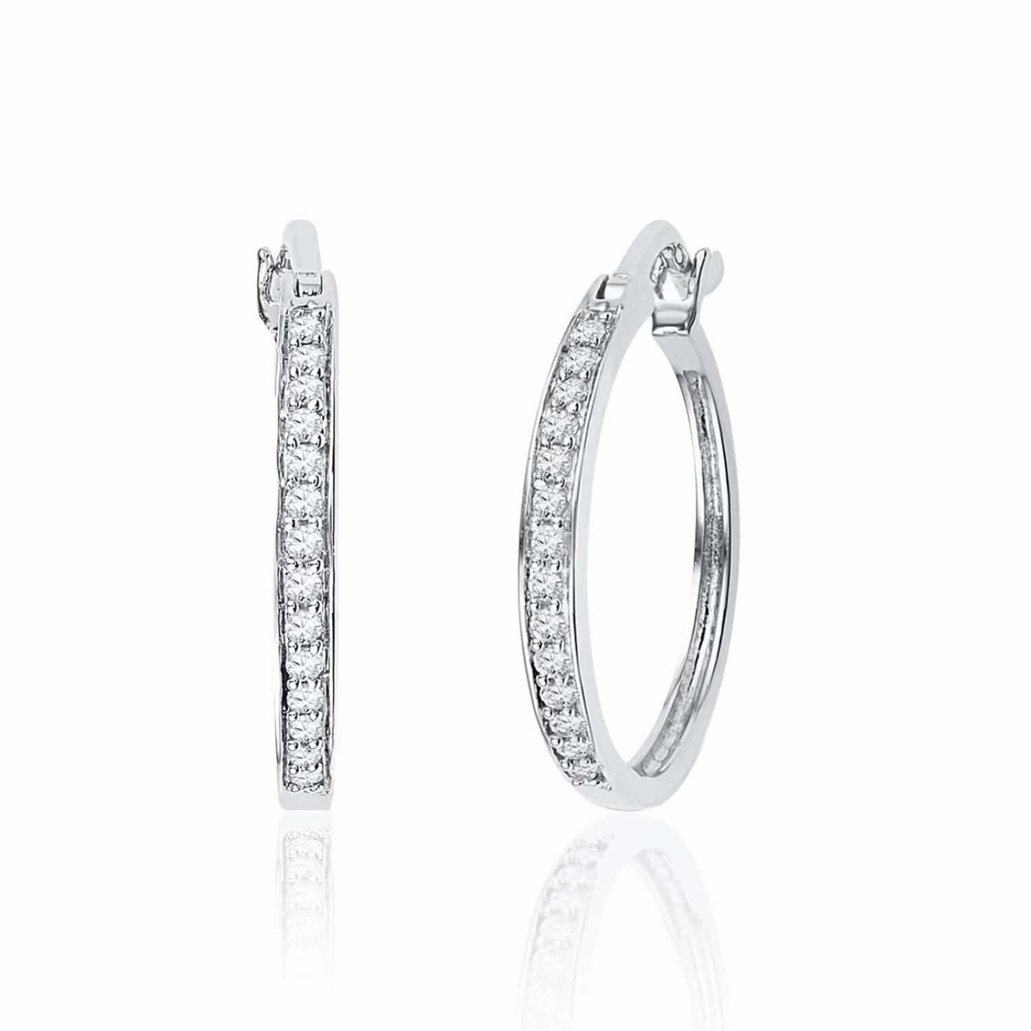 Stunning Detail Corporate Piece 1 Carat Pave Set Thin Moissanite Huggie Earrings in 18K White Gold over Silver