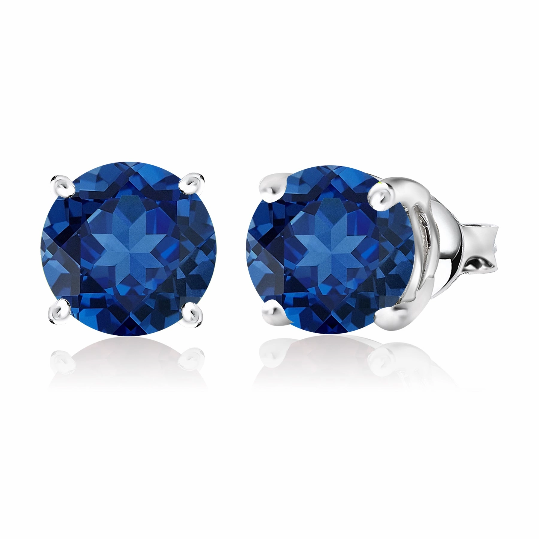 1 Carat Round Shaped - Blue Sapphire - September Birthstone Solitaire Stud Earrings in 18K White Gold Plating Over Silver Large Decoration
