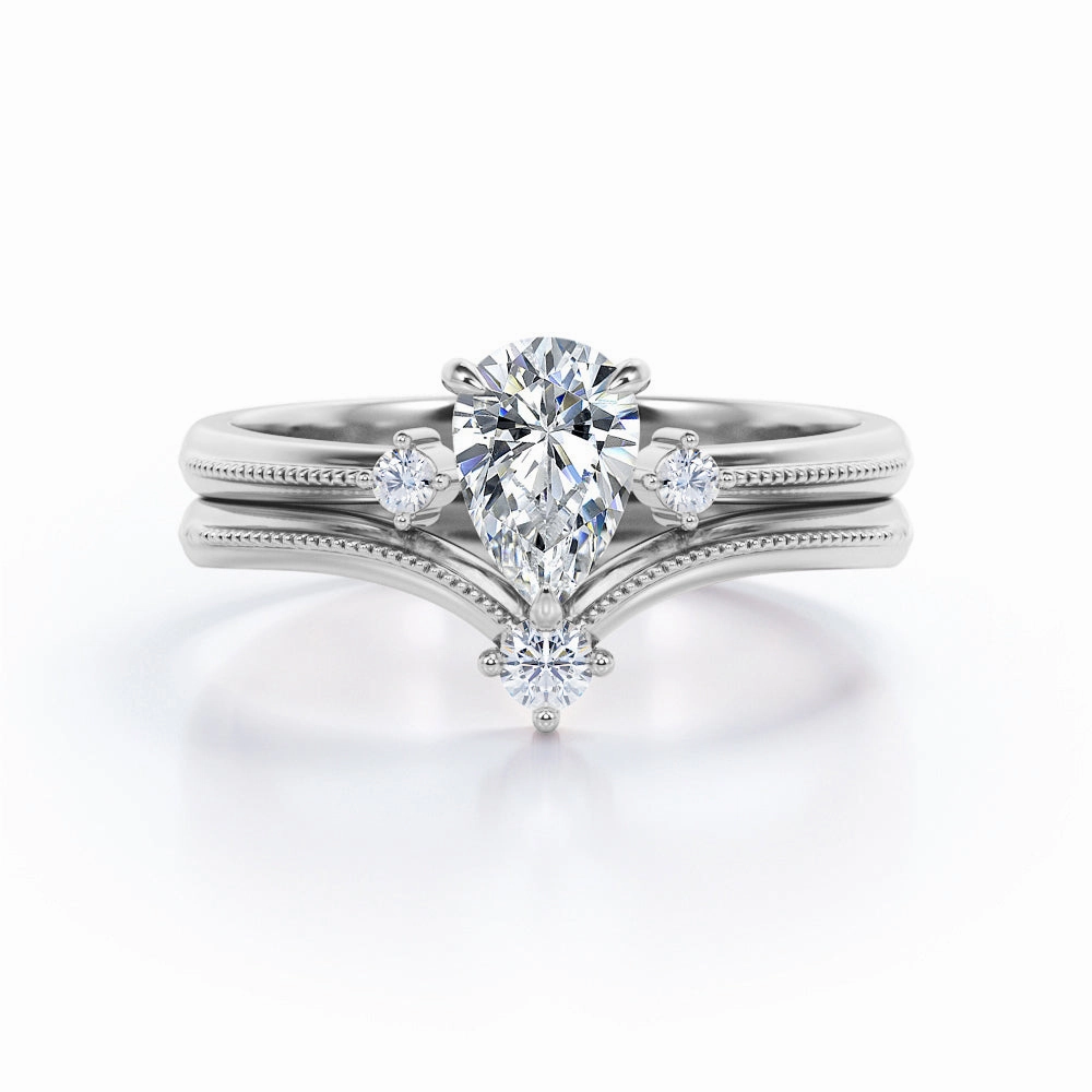 Artistic Craft Timeless Detail 1 Carat Teardrop Moissanite V Shaped Wedding Ring Set