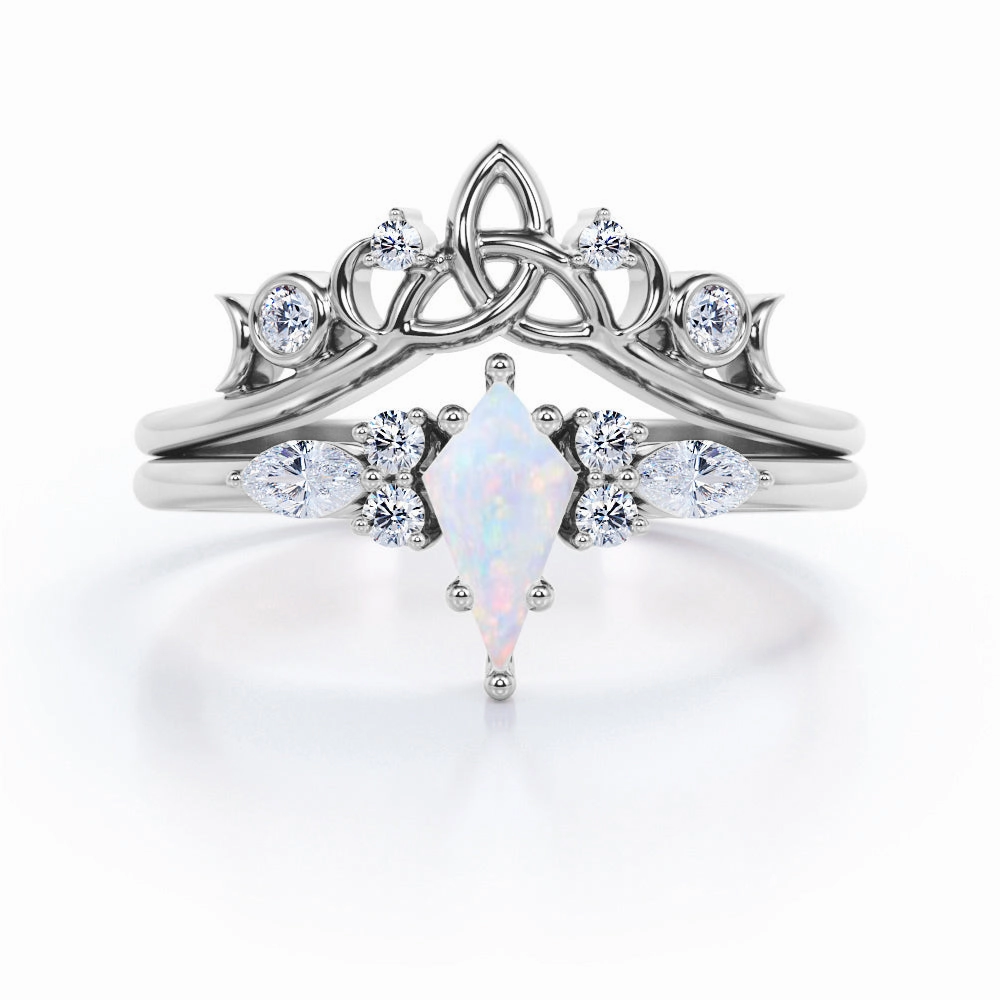 1 Ct Kite Cut Lab Created Opal Tiara Wedding Ring Set Beautiful Jewelry Traditional Keepsake