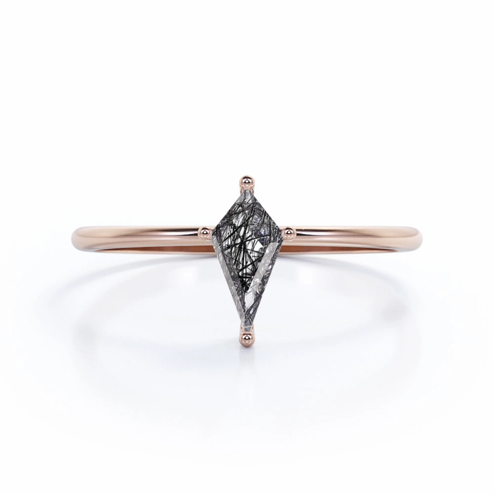 1 ct Kite Shaped Black Rutilated Quartz Solitaire Engagement Ring Simple Trinket