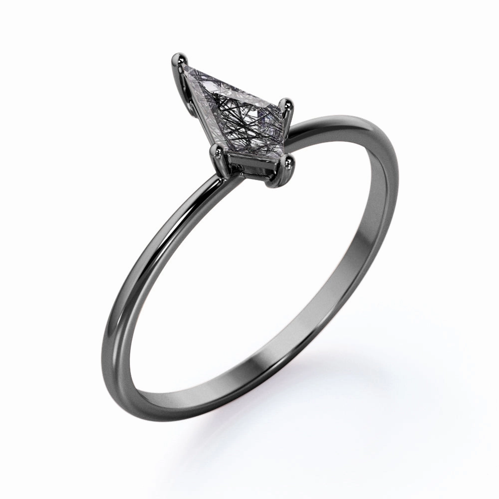 Lightweight Feel 1 ct Kite Shaped Black Rutilated Quartz Solitaire Engagement Ring
