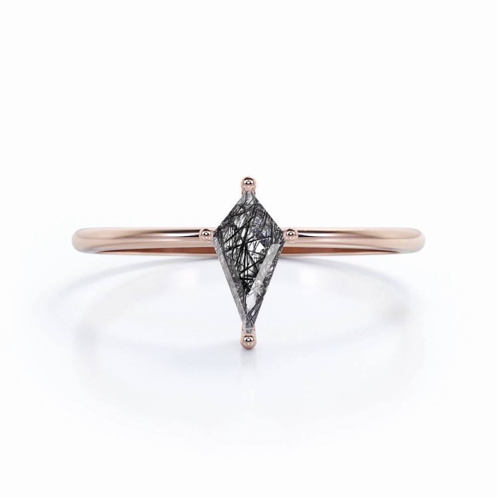 Fantastic Statement Gala Event 1 ct Kite Shaped Black Rutilated Quartz Solitaire Engagement Ring