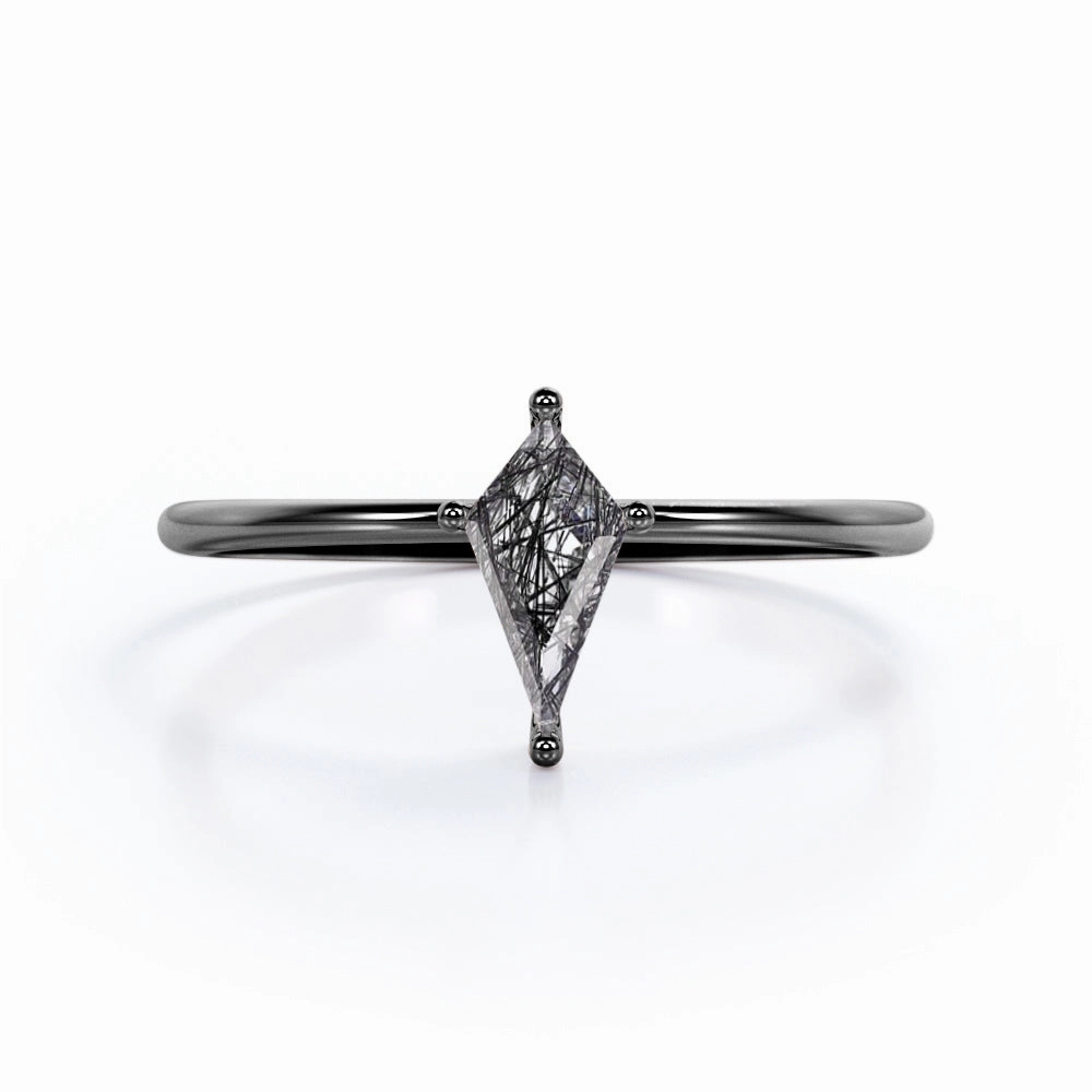 Beautiful Sign Luxury Embellishment 1 ct Kite Shaped Black Rutilated Quartz Solitaire Engagement Ring