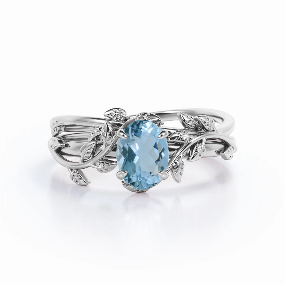 Quality Design Minimal Look 1 ct Oval Aquamarine Leaf and Vine Wedding Ring Set
