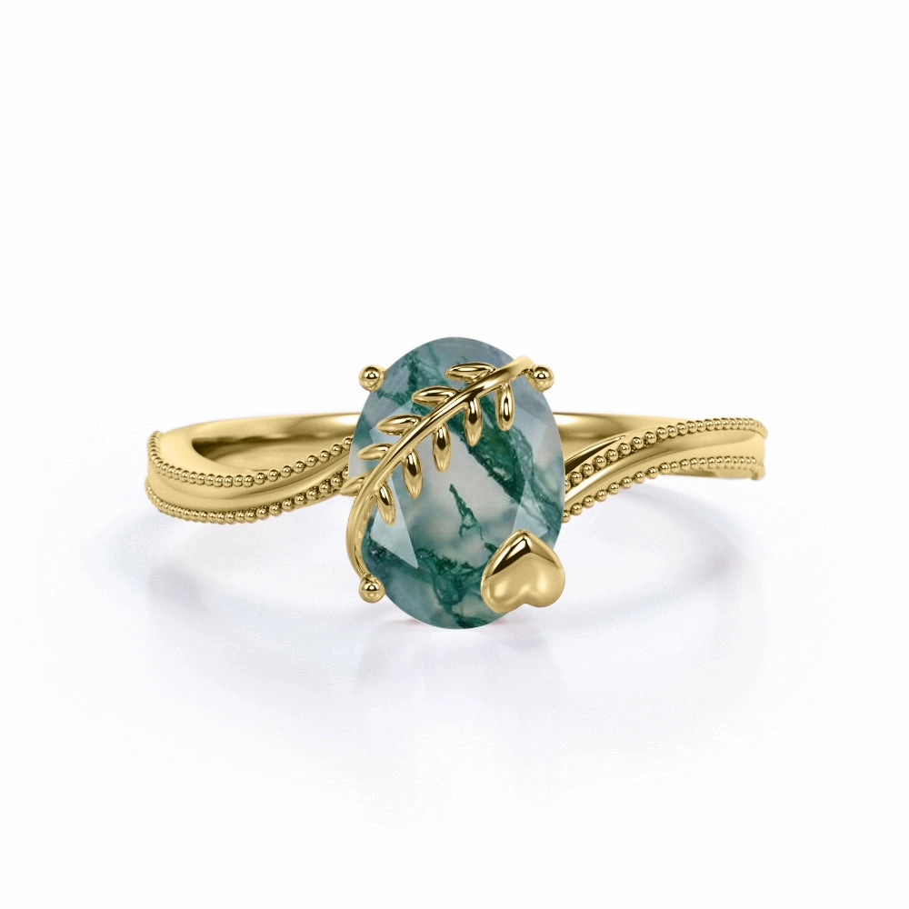 Strong Appearance 1 ct Oval Cut Green Moss Agate Bypass Milgrain Engagement Ring