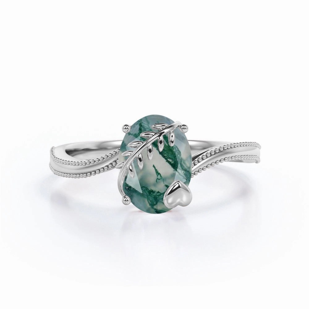Minimalist Accessory Quality Piece 1 ct Oval Cut Green Moss Agate Bypass Milgrain Engagement Ring