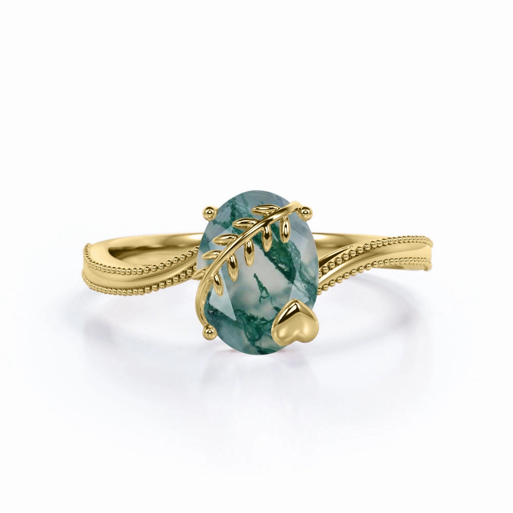 Elegant Symbol High-End Product 1 ct Oval Cut Green Moss Agate Bypass Milgrain Engagement Ring