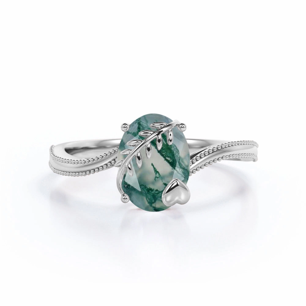 1 ct Oval Cut Green Moss Agate Bypass Milgrain Engagement Ring Daily Geometry Meaningful Ornament