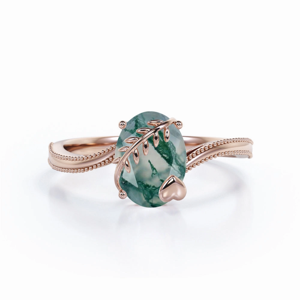1 ct Oval Cut Green Moss Agate Bypass Milgrain Engagement Ring Trendy Gift