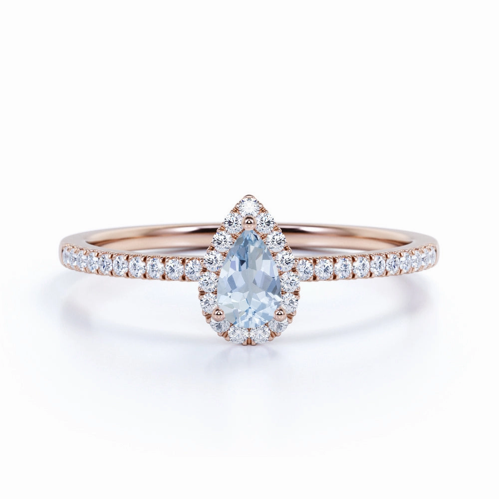 1 ct Pear Aquamarine Halo Engagement Ring Office Accent
