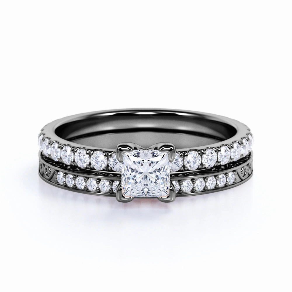 1 Ct Princess Cut Diamond Art Deco Wedding Ring Set Millennium Style Timeless Harmony