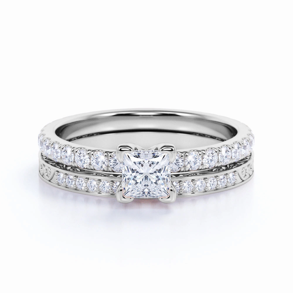Classic Art Timeless Style 1 Ct Princess Cut Diamond Art Deco Wedding Ring Set