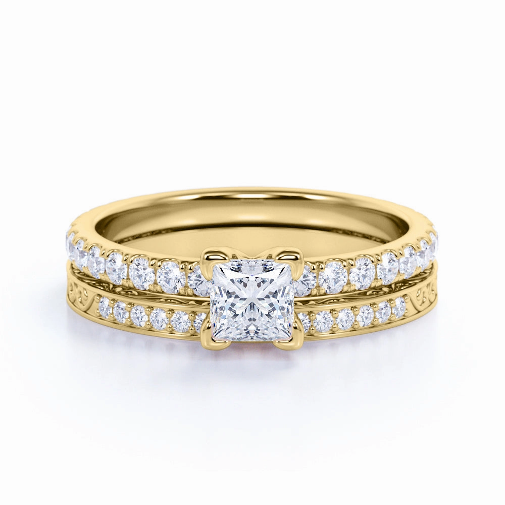 1 Ct Princess Cut Diamond Art Deco Wedding Ring Set Robust Appearance