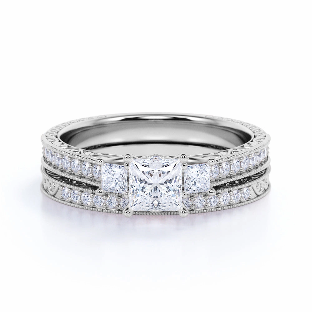Stylish Decoration Bridal Accent 1 Ct Princess Cut Diamond Three Stone Bridal Set