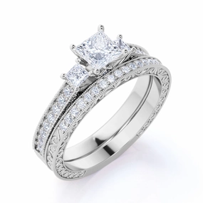 1 Ct Princess Cut Diamond Three Stone Bridal Set Sentimental Art Unique Token