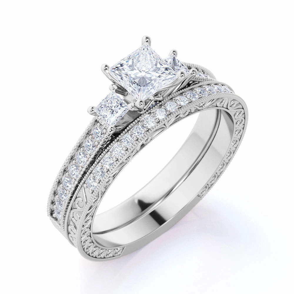 1 Ct Princess Cut Diamond Three Stone Bridal Set Plated Finish