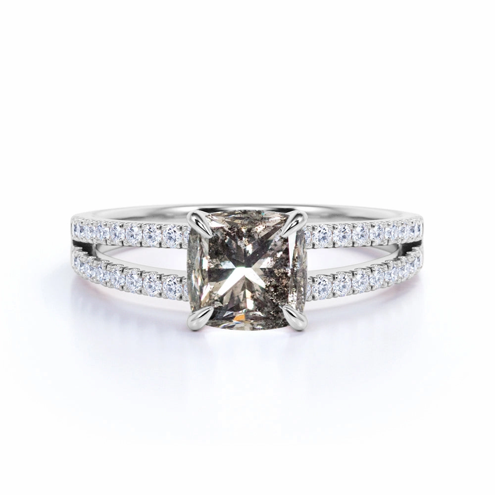 Modern Token Petite Gift 1 Ct Princess Cut Salt and Pepper Diamond Split Shank Engagement Ring