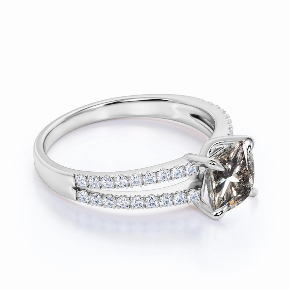 Timeless Expression Custom Measurement 1 Ct Princess Cut Salt and Pepper Diamond Split Shank Engagement Ring