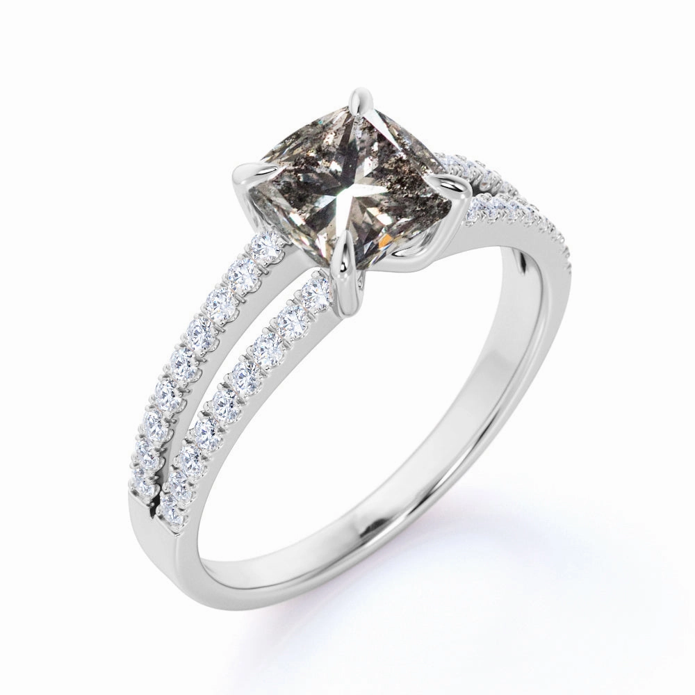 1 Ct Princess Cut Salt and Pepper Diamond Split Shank Engagement Ring Artistic Emblem Unique Design