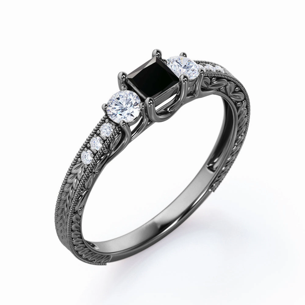 1 ct Princess Lab Black Diamond Milgrain Engagement Ring Timeless Motion Any Occasion