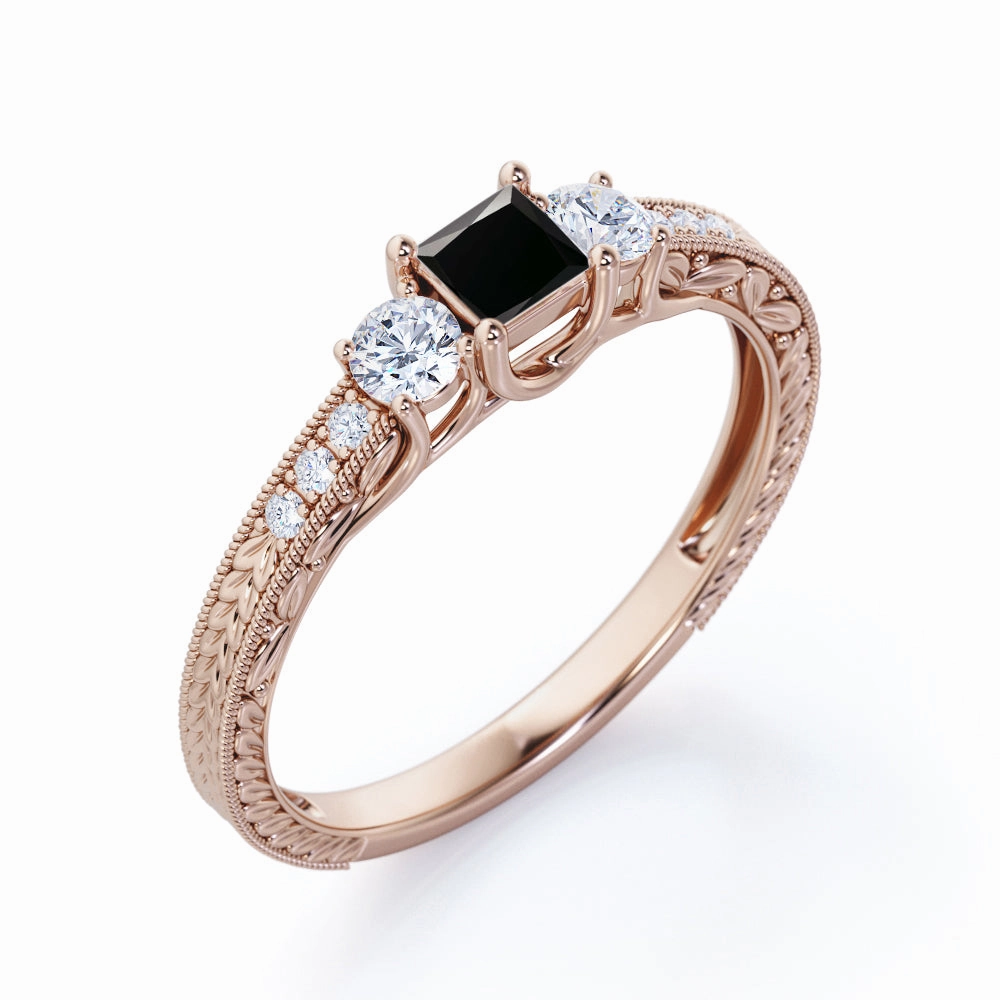 Gift Idea 1 ct Princess Lab Black Diamond Milgrain Engagement Ring