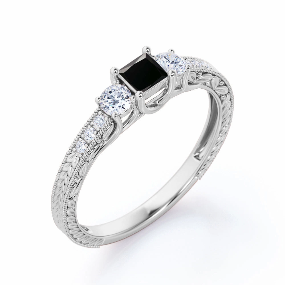 Sturdy Statement Artistic Jewelry 1 ct Princess Lab Black Diamond Milgrain Engagement Ring
