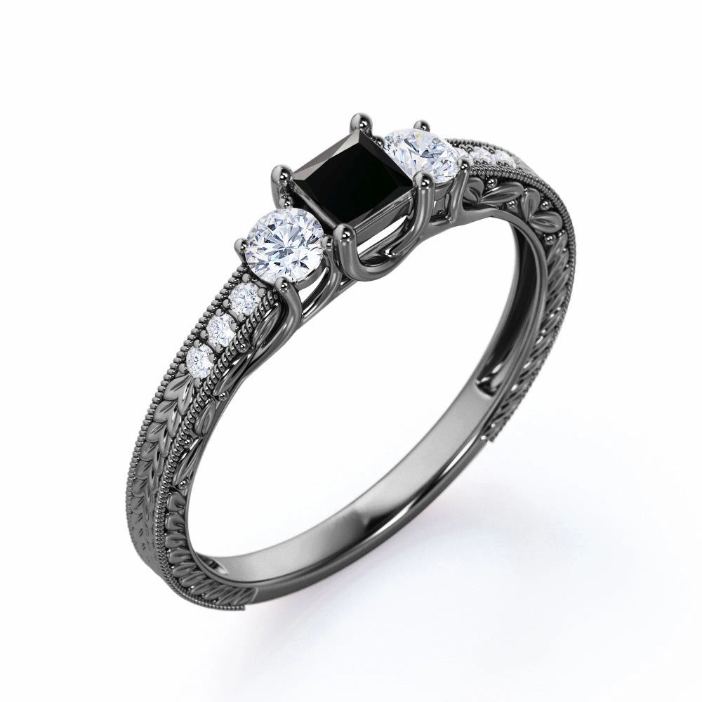 1 ct Princess Lab Black Diamond Milgrain Engagement Ring Unisex Design