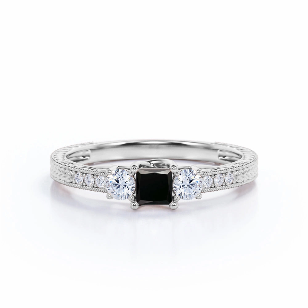 1 ct Princess Lab Black Diamond Milgrain Engagement Ring Unique Look