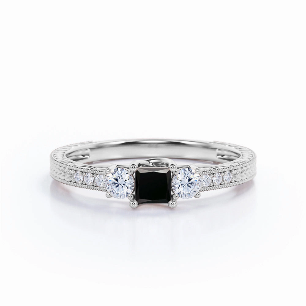 Personal Decoration Shiny appearance 1 ct Princess Lab Black Diamond Milgrain Engagement Ring