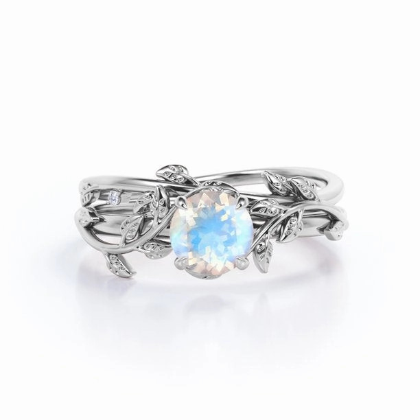 1 ct Round Blue Moonstone Leaf Wedding Set Elegant decoration Glamorous Symbol