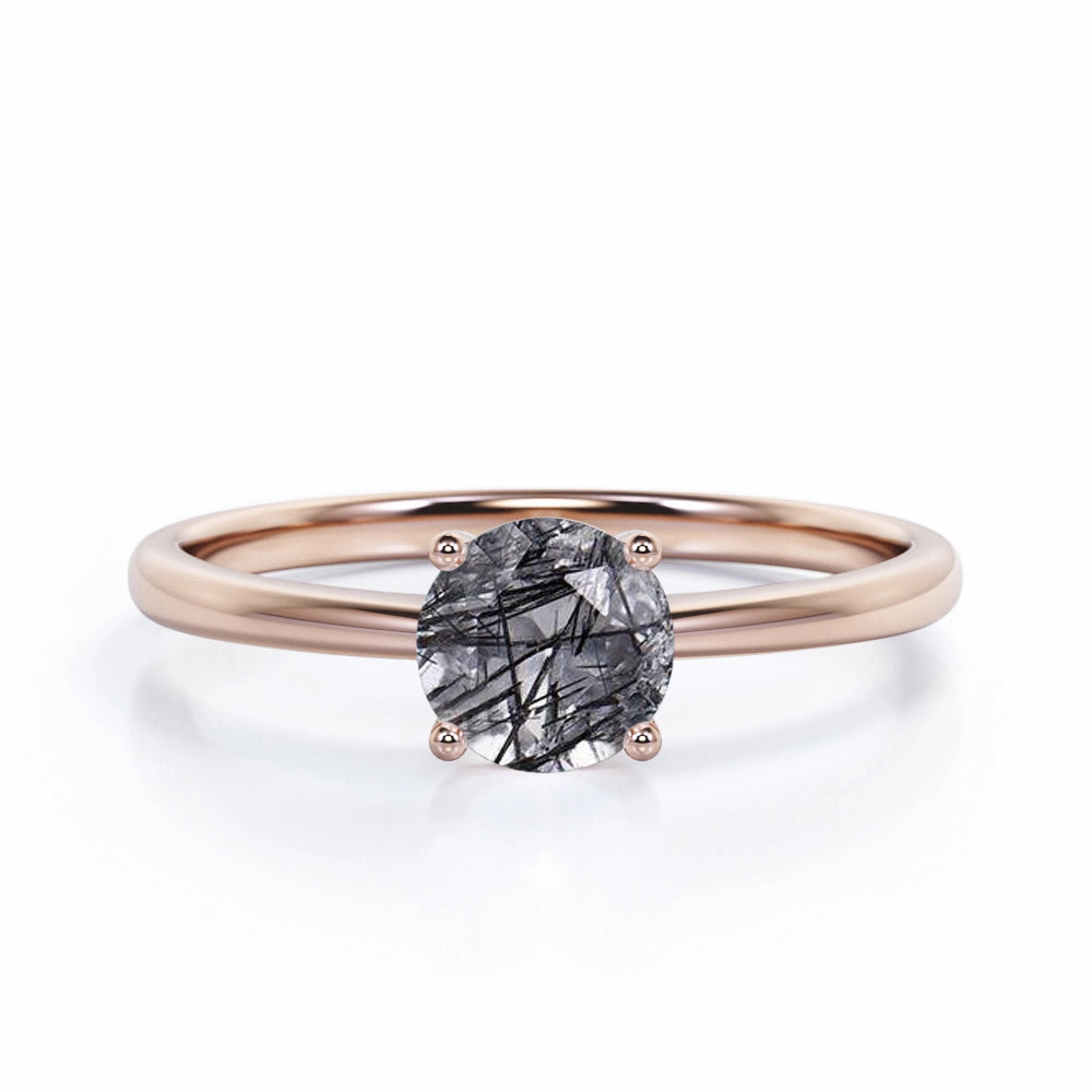 1 ct Round Cut Black Hair Rutilated Quartz Solitaire Engagement Ring Neutral Tone Timeless Ornament