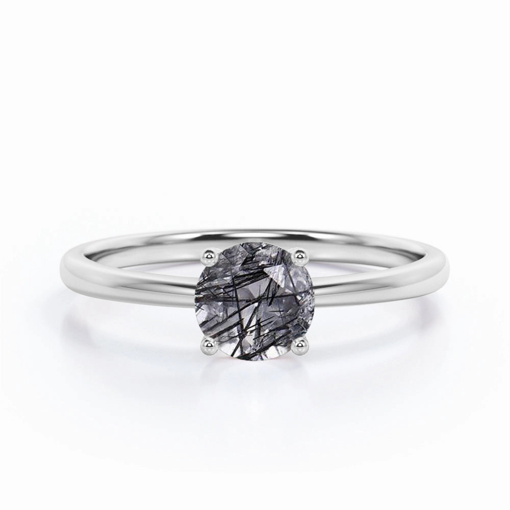 1 ct Round Cut Black Hair Rutilated Quartz Solitaire Engagement Ring Robust Build Hypoallergenic Statement