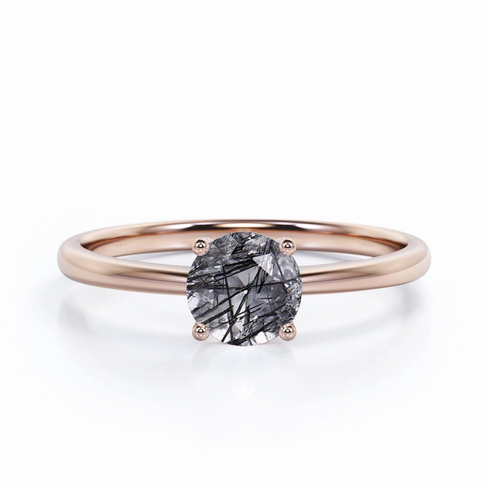 1 ct Round Cut Black Hair Rutilated Quartz Solitaire Engagement Ring Creative Emblem Sophisticated Style