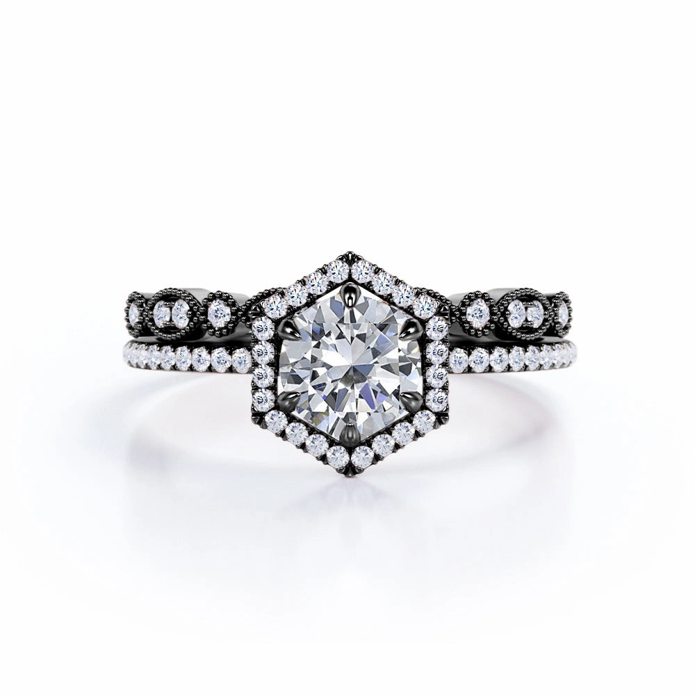 Artistic Adornment 1 Ct Round Cut Diamond Art Deco Wedding Ring Set