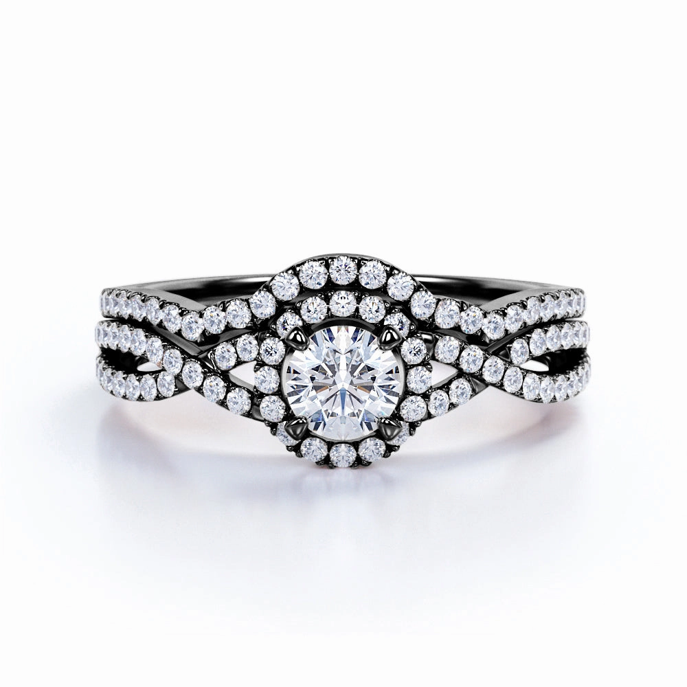 Glossy Finish Luxury Emblem 1 Ct Round Cut Diamond Twist Wedding Ring Set