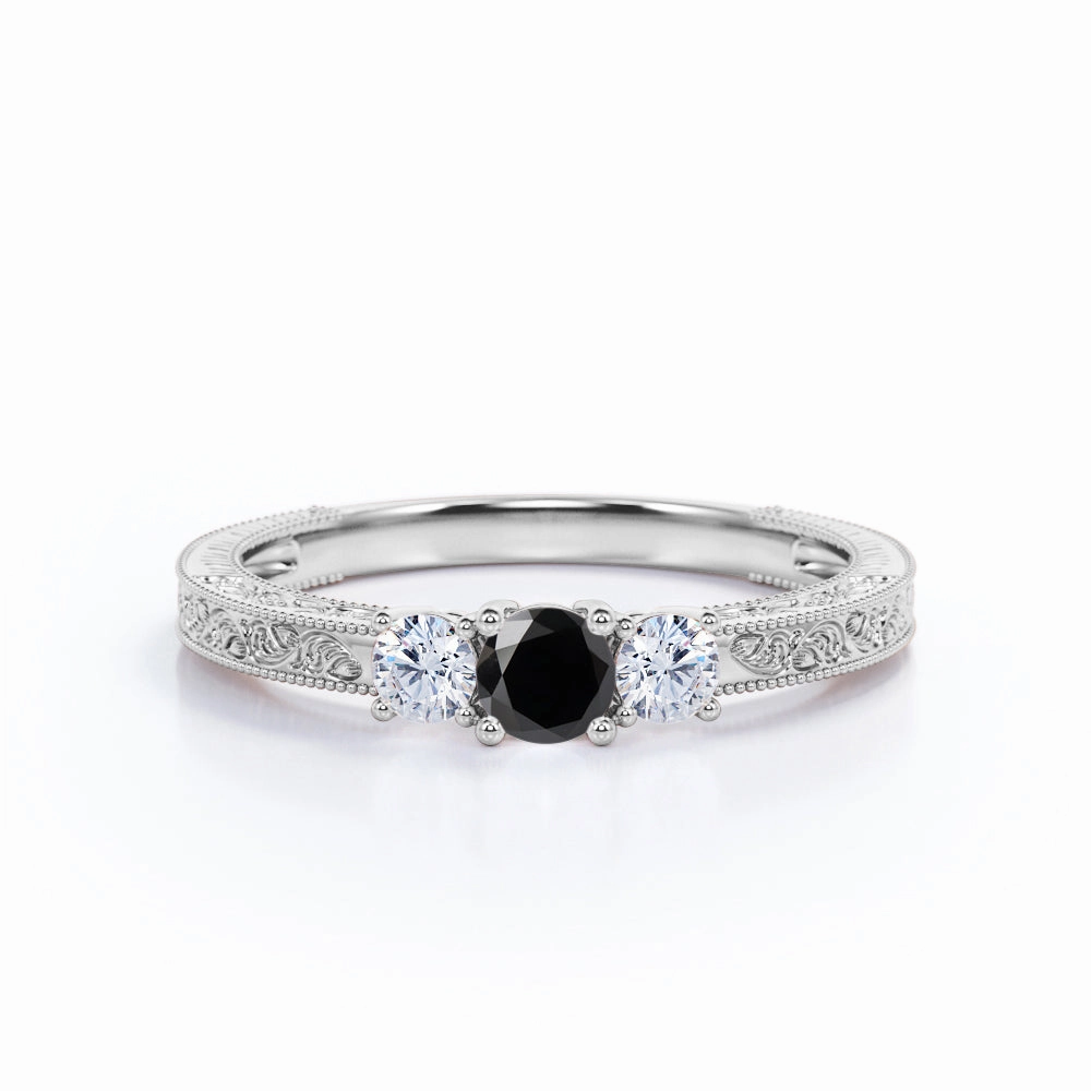 1 ct Round Lab Black Diamond Three Stone Engagement Ring High-End Item