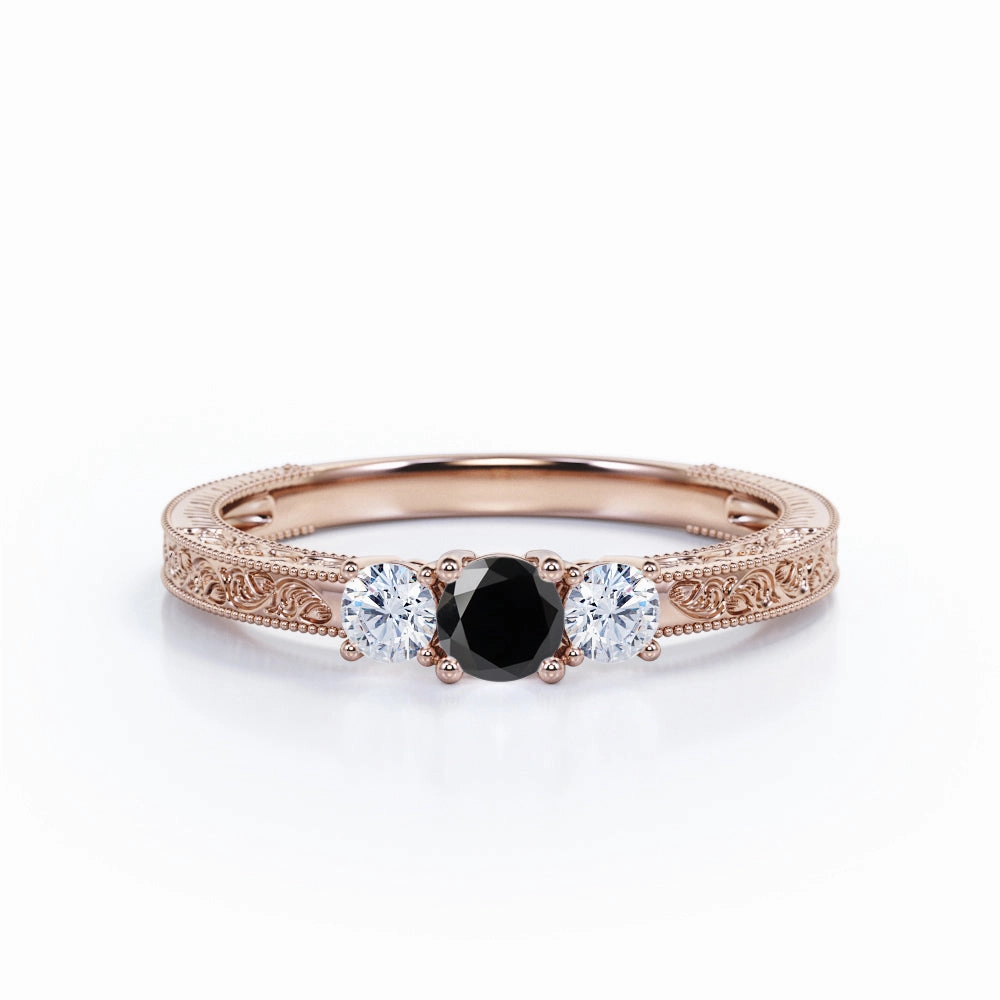 Luxury Memento 1 ct Round Lab Black Diamond Three Stone Engagement Ring