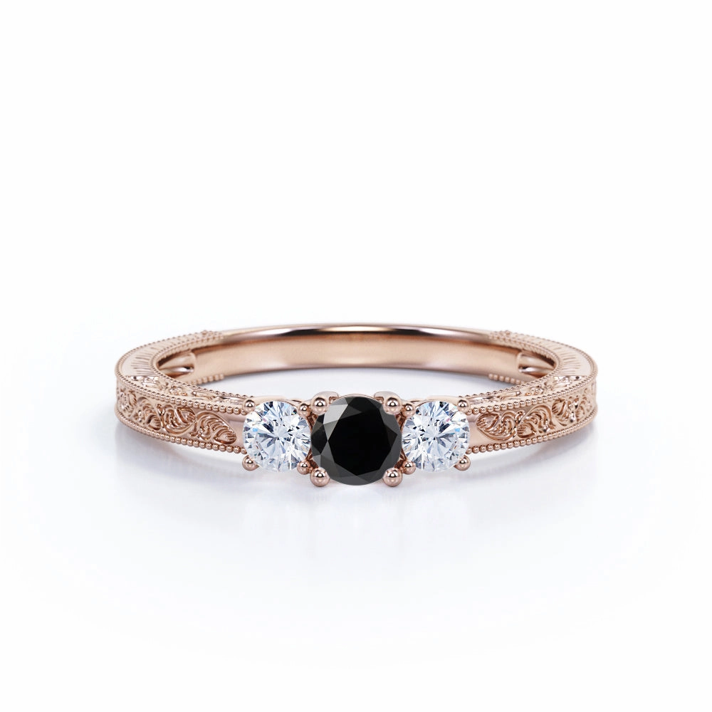 1 ct Round Lab Black Diamond Three Stone Engagement Ring Balanced Flow