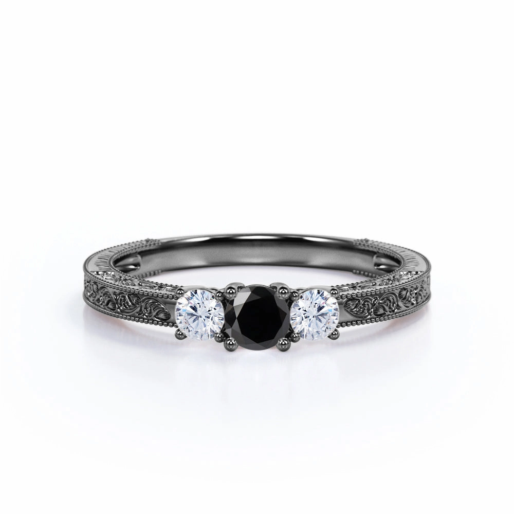 1 ct Round Lab Black Diamond Three Stone Engagement Ring Premium Finish