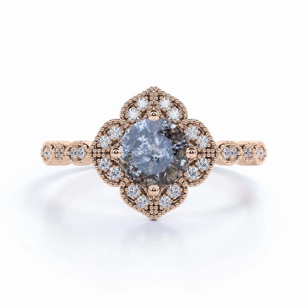 Engagement Party 1 Ct Round Salt and Pepper Diamond Flower Engagement Ring