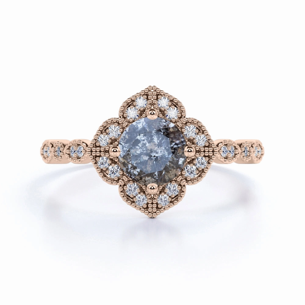 Meaningful Art Beautiful Object 1 Ct Round Salt and Pepper Diamond Flower Engagement Ring