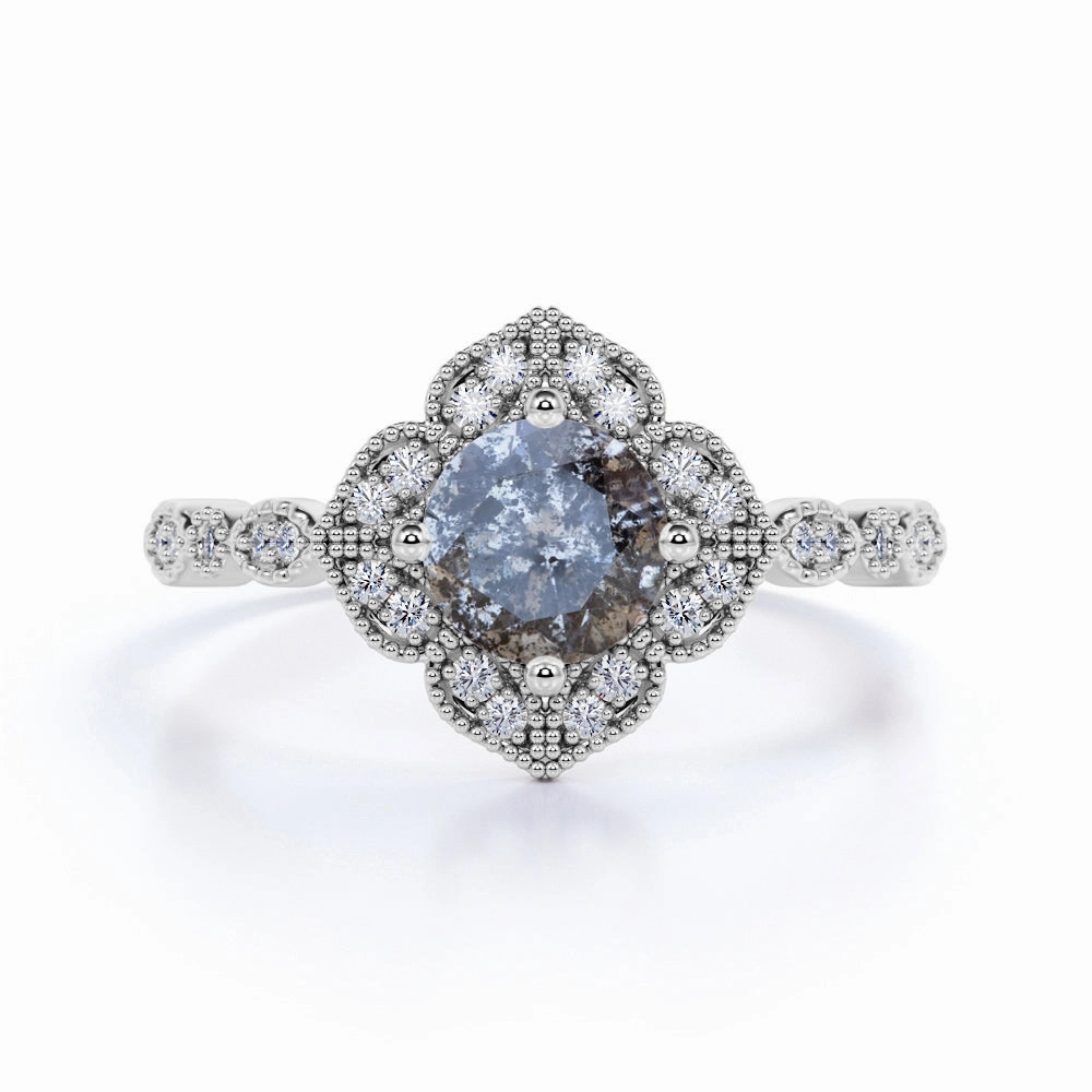 1 Ct Round Salt and Pepper Diamond Flower Engagement Ring Soft Texture