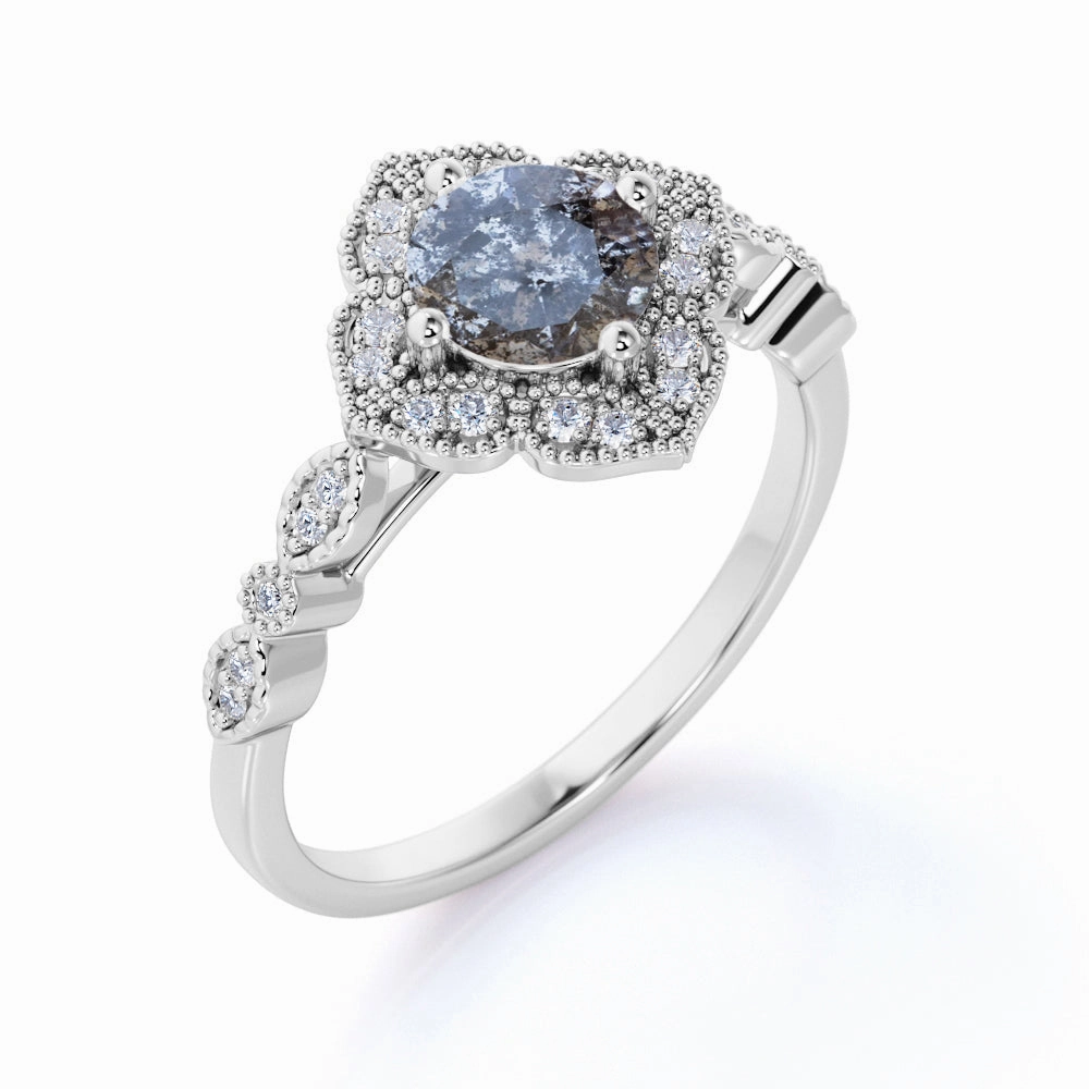 1 Ct Round Salt and Pepper Diamond Flower Engagement Ring Classic Charm Delicate Bauble