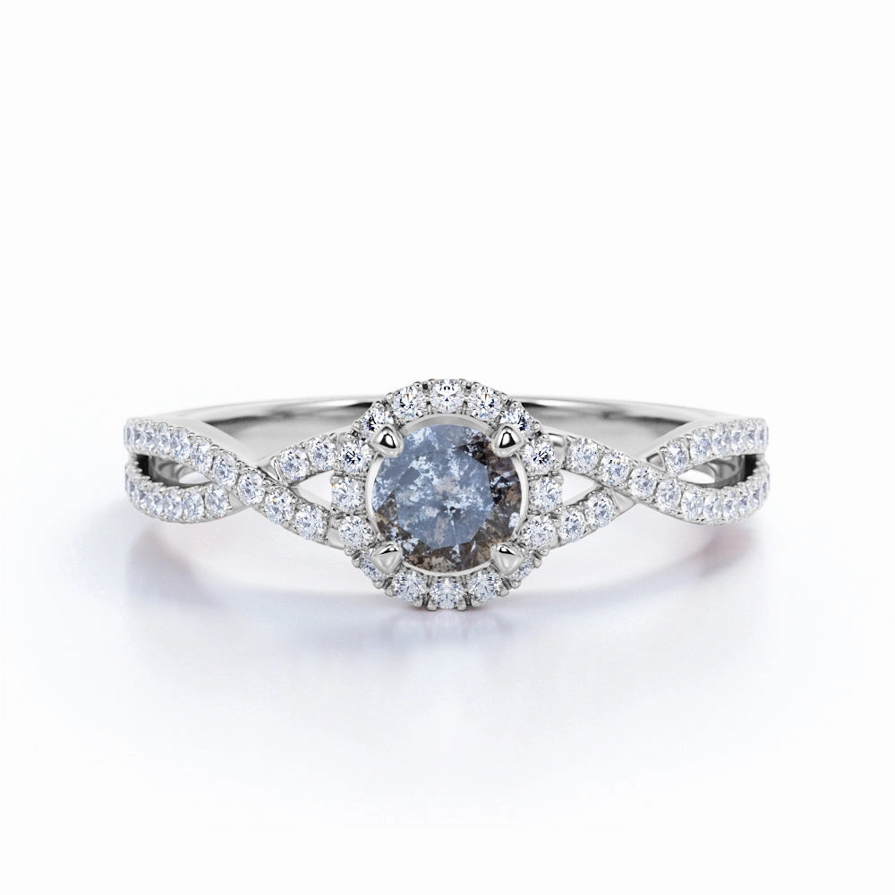 Lightweight Ornament 1 Ct Round Salt and Pepper Diamond Halo Engagement Ring