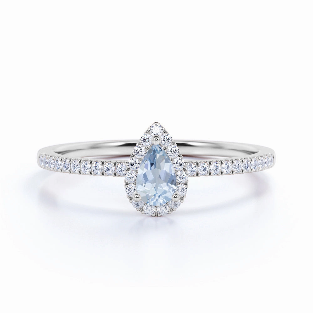 Ornate Ornament 1 ct Teardrop Aquamarine Halo Engagement Ring